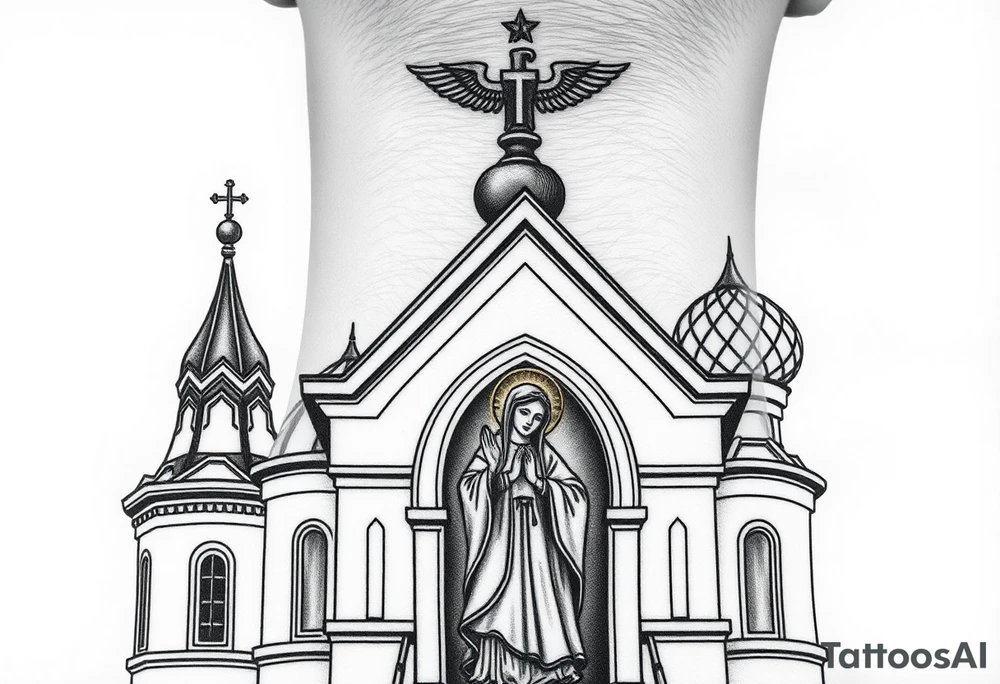 Flowing Scene

A onion domes orthodox church
Virgin Mary in prayer pose on the front doors of the russian orthodox church 
A small double headed russian coat of arms eagle or just the star tucked above the dome near the hairline tattoo idea