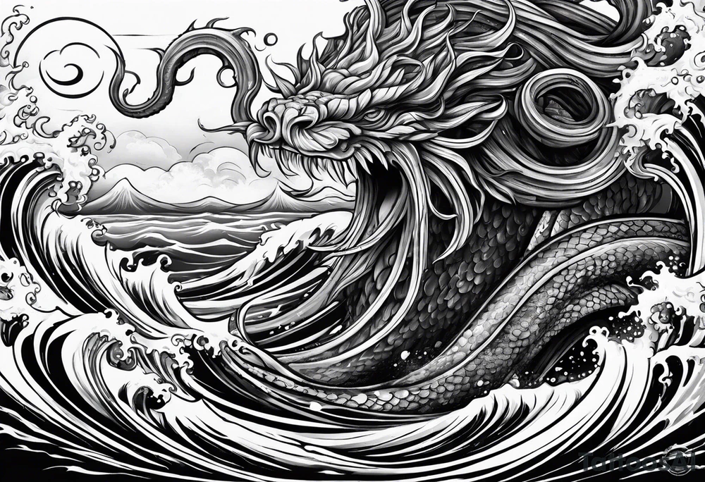Kraken wrapping tentacles Poseidon thrusting trident stormy sea tattoo idea