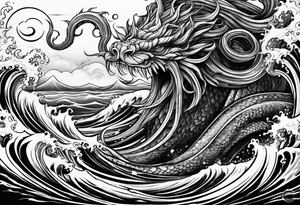 Kraken wrapping tentacles Poseidon thrusting trident stormy sea tattoo idea
