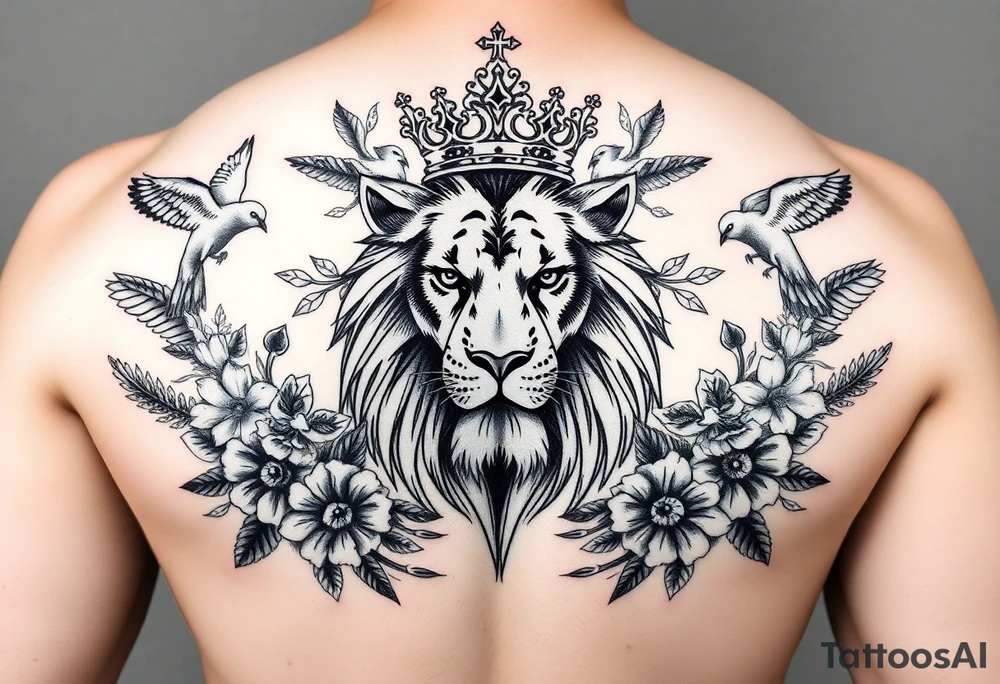powerful majestic lion with a crown, surrounded by floral ornaments and birds tattoo idea