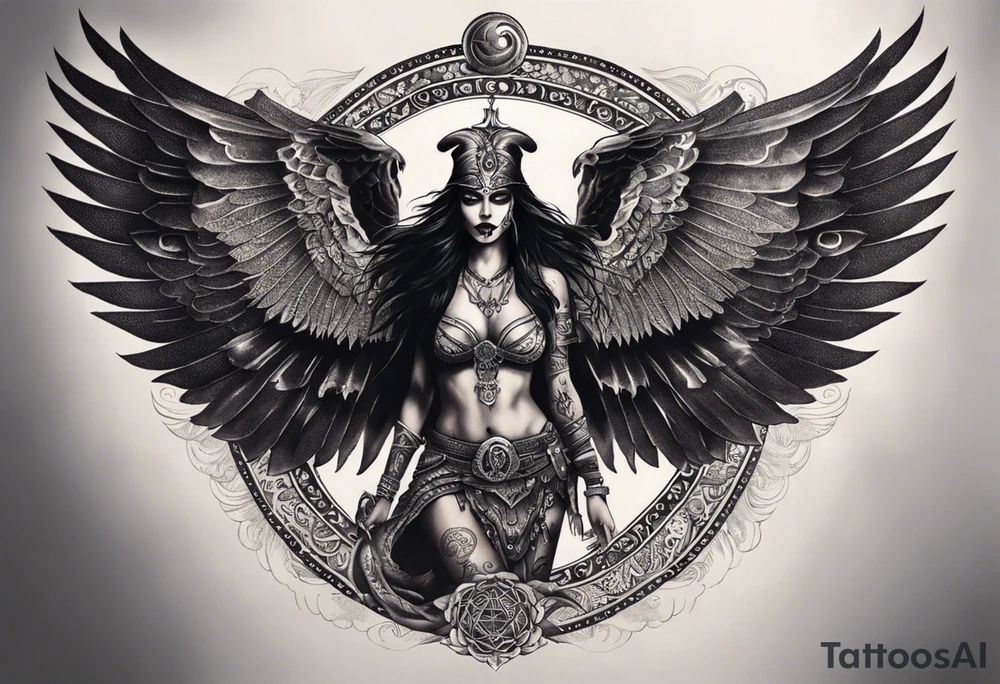 black kali, goddess pirate, alien, angel, pachamama, valkrye, warrior, flying, skull, lotus azul, wing, eagle, zenza resonance, stars, 5D, anahata chakra, death, durga, riding on a tiger, flying lady, kundalini, chest tatoo tattoo idea