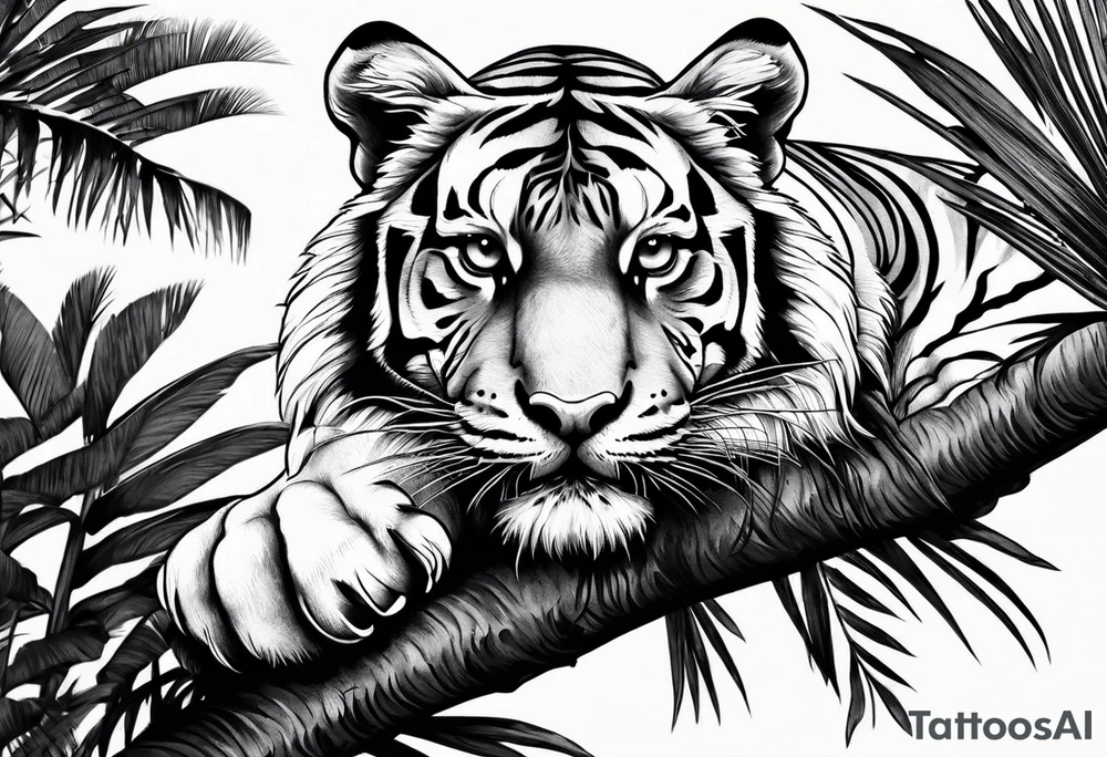tiger laying on palm tree tattoo idea