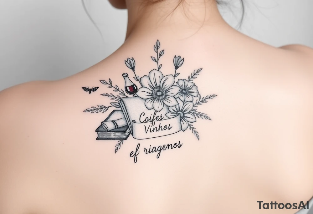 Flor de lótus, livros, vinhos, cafés, viagens e signo de gêmeos tudo junto no braço, tatto pequena tattoo idea
