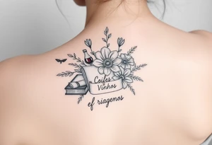 Flor de lótus, livros, vinhos, cafés, viagens e signo de gêmeos tudo junto no braço, tatto pequena tattoo idea