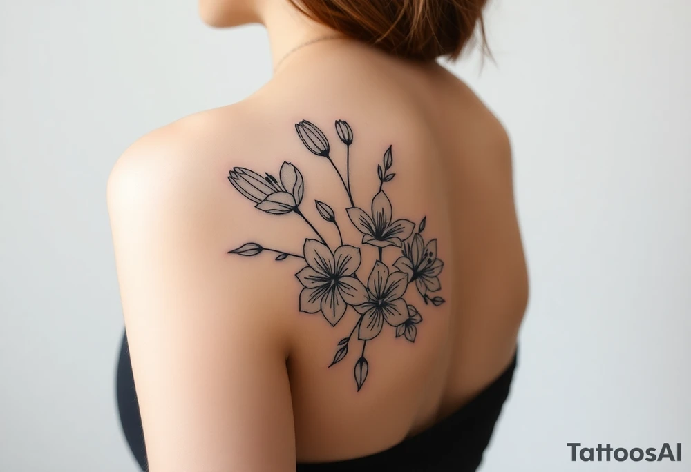 botanical tattoo with flowers such as tulips and lilies and cherry blossoms on the upper arm tattoo idea