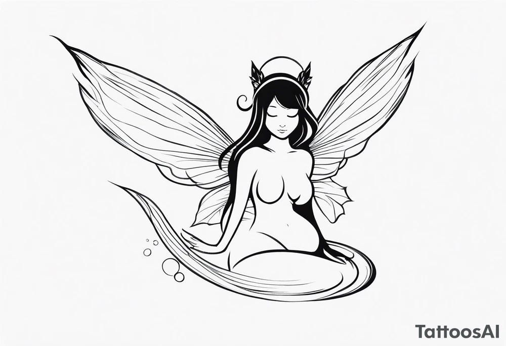 Minimalistic, monochromatic fairy with a tail flying to the left in a fetal position, leaning and looking in the same direction, with visible hands, embodying the 'Fairy Tail' logo aesthetic. tattoo idea