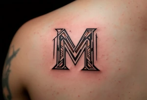 A tribal-inspired "M" in dark chestnut brown, featuring angular patterns. tattoo idea