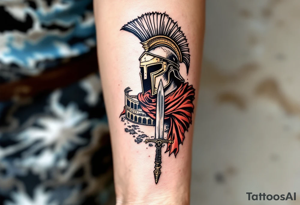 gladiator colosseum interior combat sword helmet cape sand wind tattoo idea