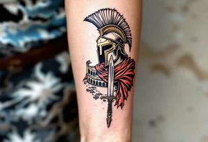 gladiator colosseum interior combat sword helmet cape sand wind tattoo idea