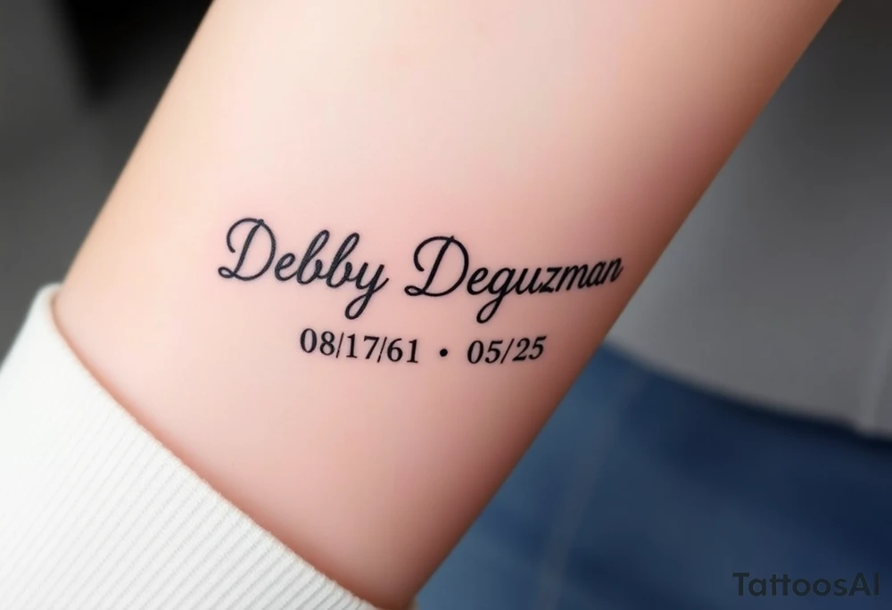 Tattoo of the exact name Debby Deguzman in chunky curly cursive with the exact dates of 08/17/61-05/29/25 surrounded by 1 hummingbird and 1 rose tattoo idea