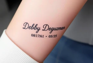 Tattoo of the exact name Debby Deguzman in chunky curly cursive with the exact dates of 08/17/61-05/29/25 surrounded by 1 hummingbird and 1 rose tattoo idea