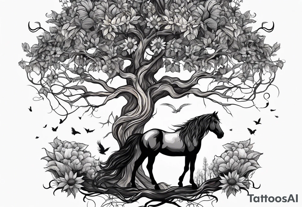 Yggdrasil tree, horse in front of it, and sunflowers tattoo idea