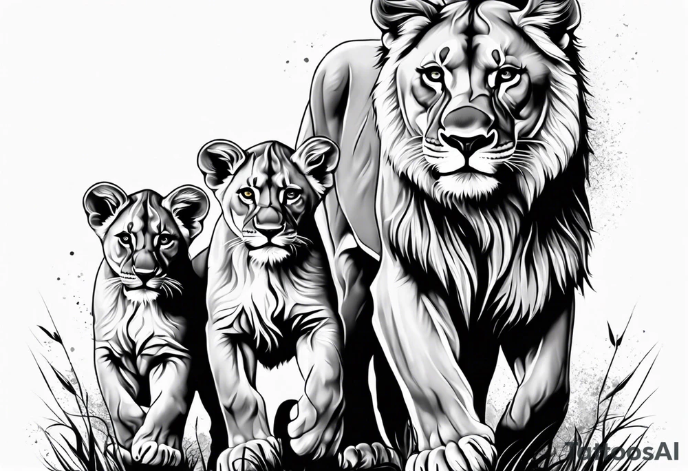 Lioness on her hind legs
 protecting her two cubs tattoo idea