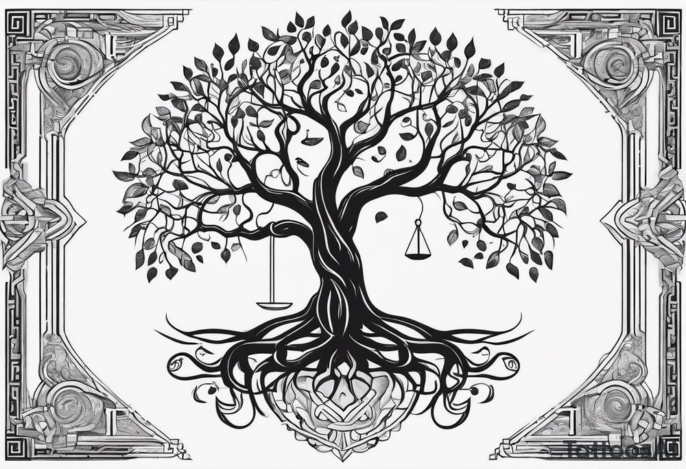 Tree with roots, mental health related, simplistic line work, brain and heart on a scale make with Greek mythology influences tattoo idea