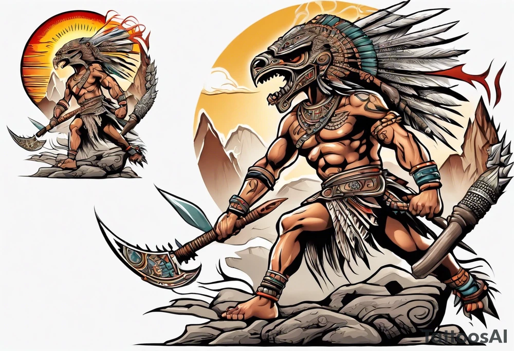 aztec warrior with a Macuahuitl fighting against a dragon in the mountains as the sun is rising tattoo idea