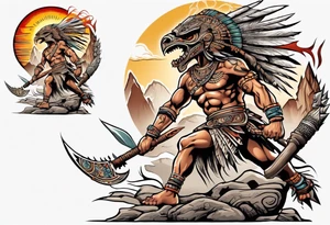 aztec warrior with a Macuahuitl fighting against a dragon in the mountains as the sun is rising tattoo idea