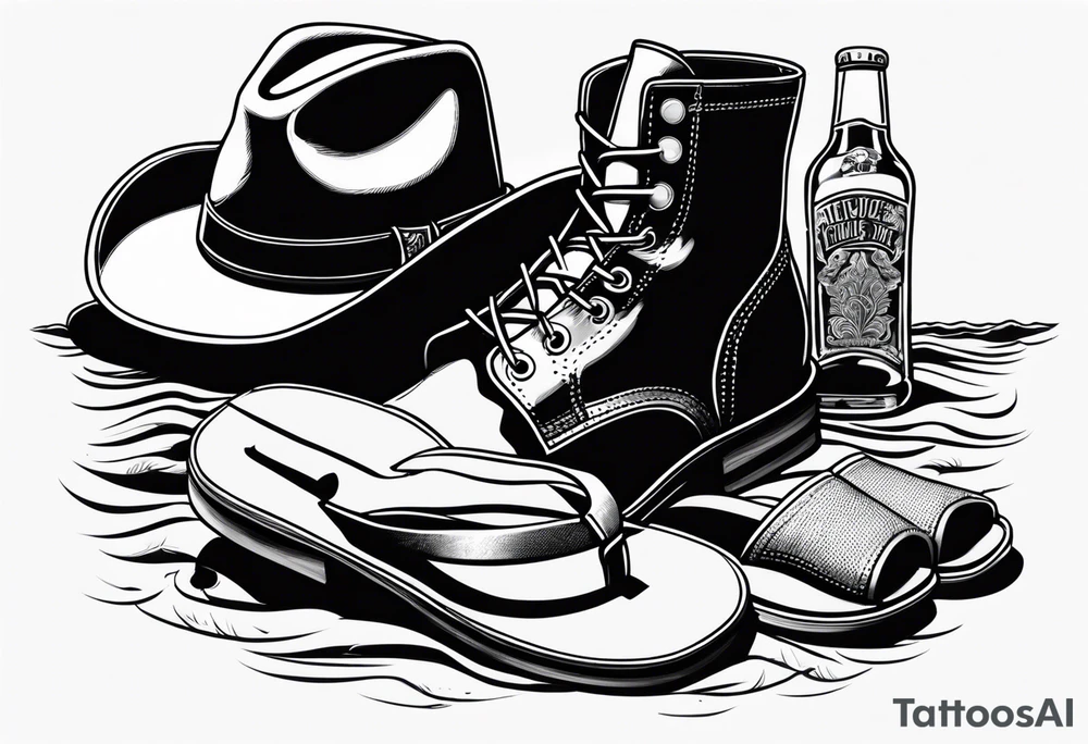 Keep it simple. A pair of mens boots next to a pair of flip flops and a cowboyhat on the Beach. tattoo idea