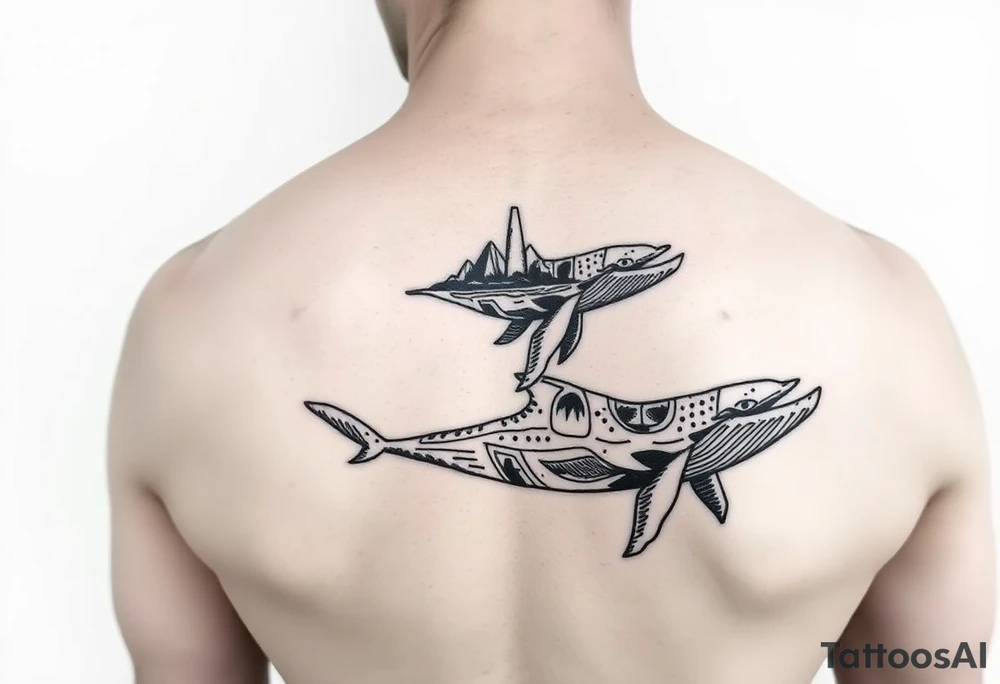 tribal whales with Rangiroa archipel on the back tattoo idea