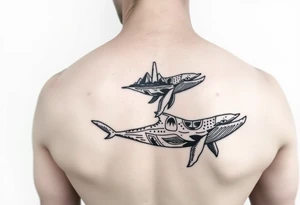 tribal whales with Rangiroa archipel on the back tattoo idea