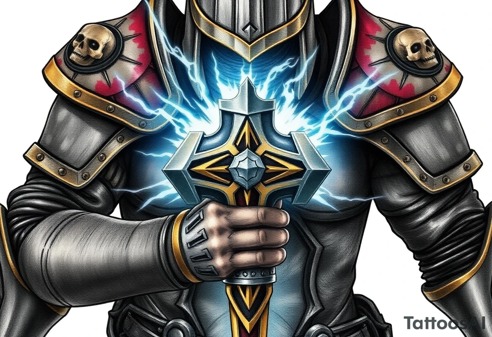 Warhammer, the Old World. A warrior priest of Sigmar holding The Warhammer of Sigmar. The Warhammer of Sigmar is radiating thunderous energy. The Warhammer is held by the warrior priest with both hands at the handle with a firm grip inorder to contain its unlimited energy, upon his chest level. The Warrior priest is wearing dark alloyed heavy armour (reference armor from warhammer vermintide 2 Victor Saltzpyres, the warrior priest of Sigmar class) with skull sigils on his shoulder pads. The warrior priest is wearing a helmet, while the helmets front visor has an humanoid face covering. The helmet and armour are gladened with hints of gold and crimson red. The Warhammer is silverish and golden with a long handle tattoo idea