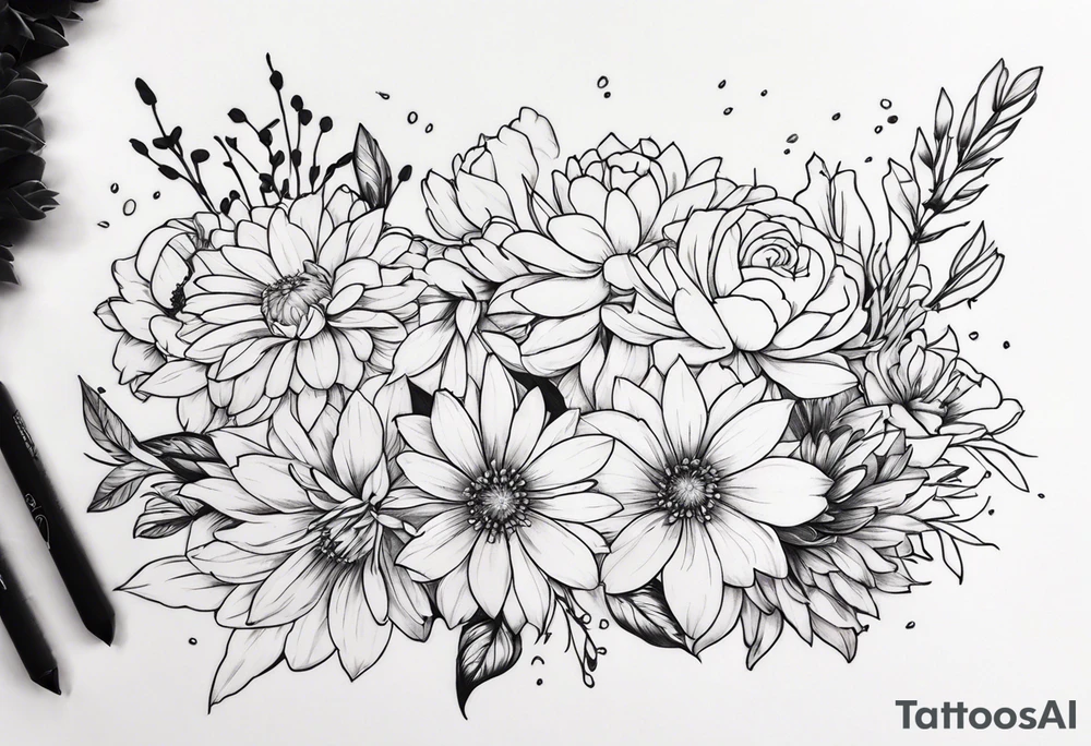 Asters, roses, Lillies, chrysanthemums in a line tattoo idea