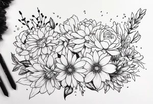 Asters, roses, Lillies, chrysanthemums in a line tattoo idea