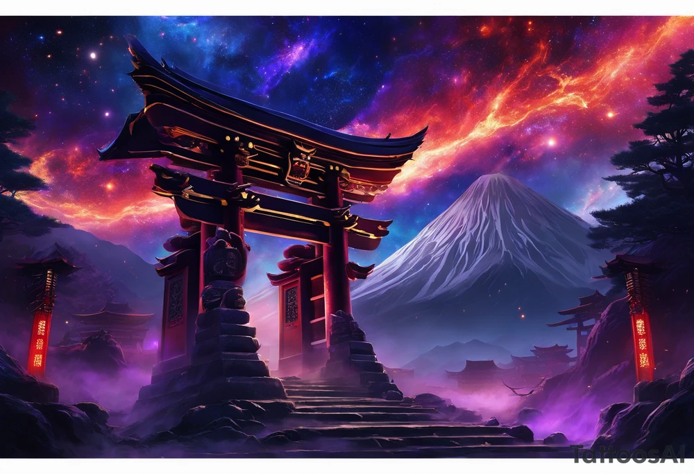 torii gate in biomechanical style in background.

Dominant demonic figure, formidable face with royal king features, has a evil grin and a bit of open mouth with glimpse of devil fang teeth, similar to skull features, framed by deep-set glowing galaxy eyes, head has prominent purple deep blue flames (Not standalone horns) with intricate recognizable swirling galaxy shaped textures with fiery peacock blue green turquoise colour highlights. tattoo idea
