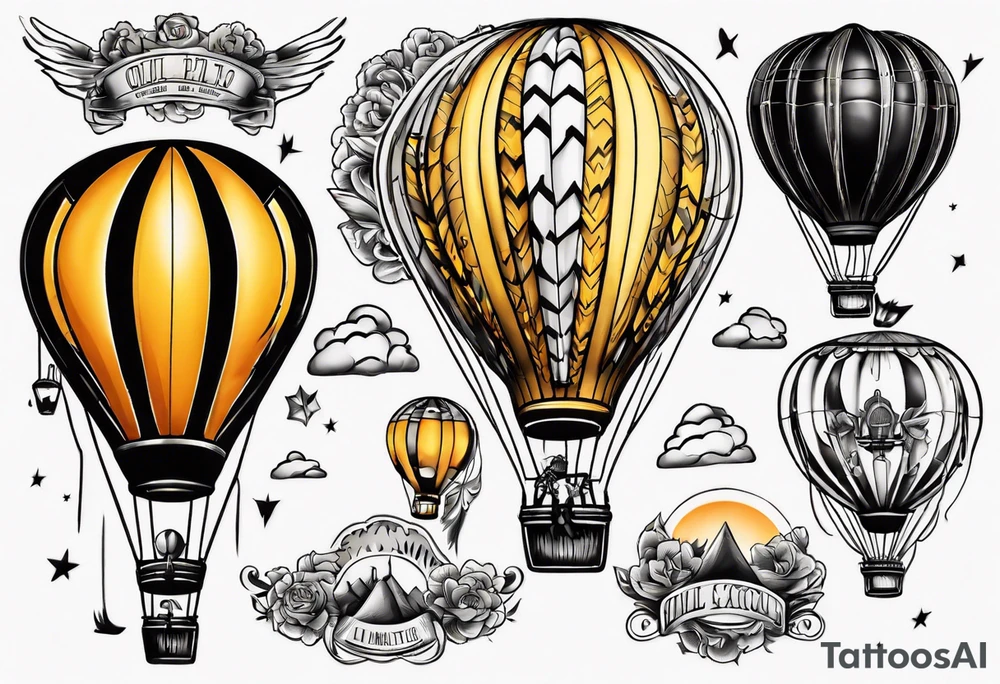 hot air balloon, colours black and orangey yellow tattoo idea