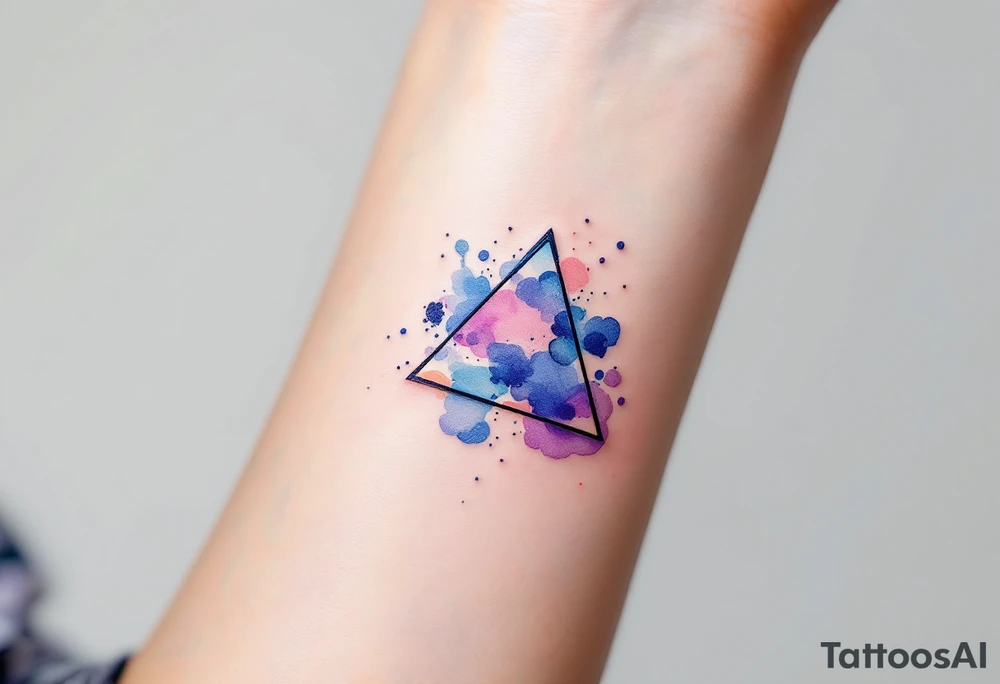 A watercolor triangle filled with splashes of blue, pink, and purple, representing creativity and fluidity. tattoo idea