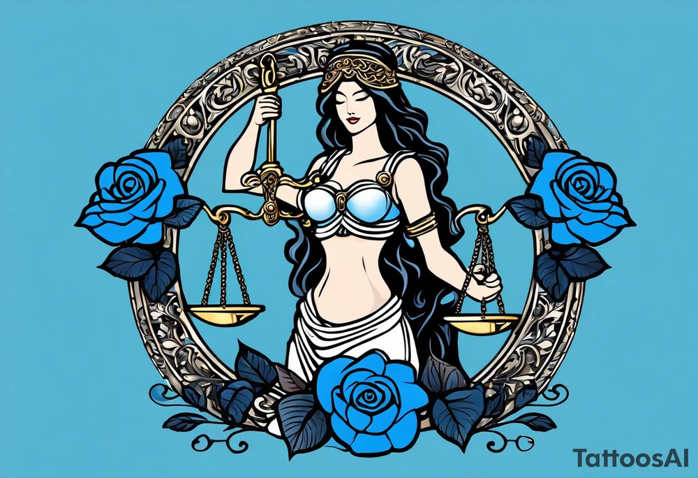 Lady Justice, 
Blindfold:
Scales: 
 Lady Justice is shown with black hair, which is a unique artistic choice compared to the more traditional representations. The scales, blindfold, and sword are all present, adhering to the classic iconography but with a modern and colorful twist. blue roses frames, background blue,present it in a tattoo tattoo idea