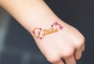 A golden infinity symbol with tiny cherry blossoms surrounding the word "Láska", representing beauty, romance, and fleeting yet eternal love tattoo idea