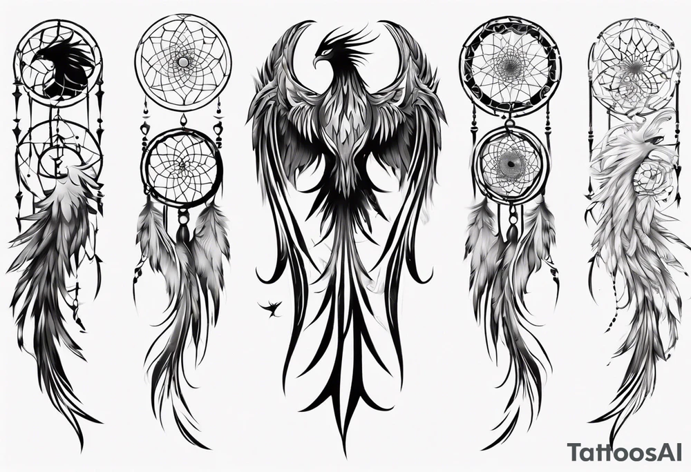 Vertical Phoenix with abstract dream catcher tail tattoo idea Vertical Phoenix with abstract dream catcher tail tattoo idea
