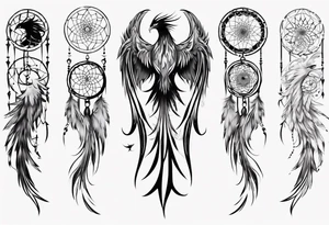Vertical Phoenix with abstract dream catcher tail tattoo idea