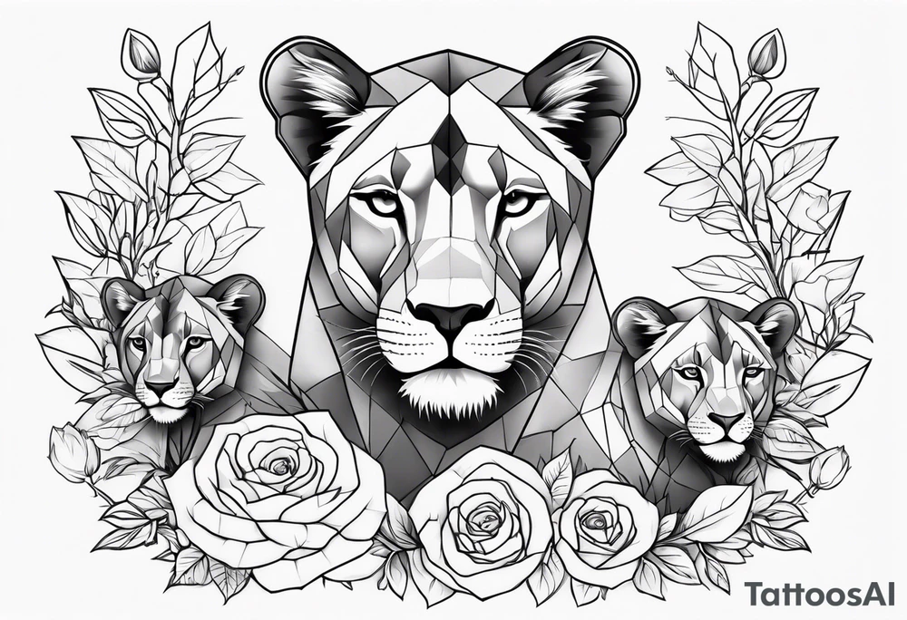 Birth flower tattoo with lioness and cubs tattoo idea