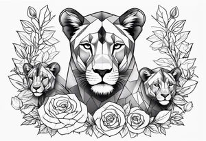 Birth flower tattoo with lioness and cubs tattoo idea
