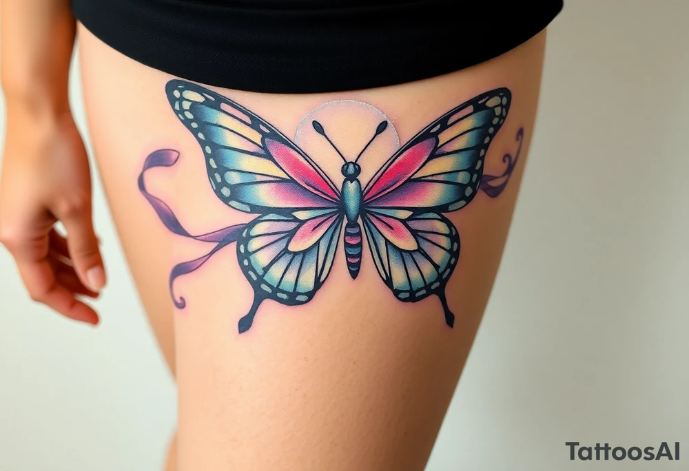 ethereal butterfly with flowing silk ribbons in moonlight tattoo idea