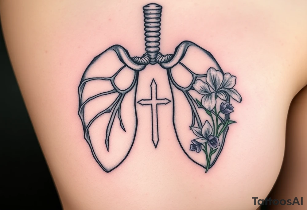 tattoo with skeleton lungs
: one side representing death and the other life. (from death to life) with a simple cross down the middle. The life side I'd like the following flowers growing out of it: Morning Glory, Lily of the Valley, Daffodil, Rose, Poppy, and Iris tattoo idea