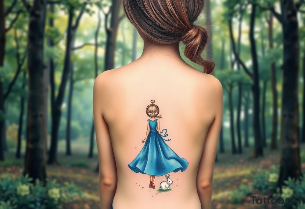 Back view of a girl in a blue dress walking in a forest following a small white rabbit. A pocket watch on top of the scene, falling amongst the trees tattoo idea