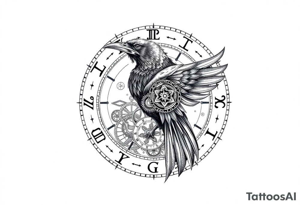 zodiac symbols runes within ornate clockwork mechanism raven tattoo idea