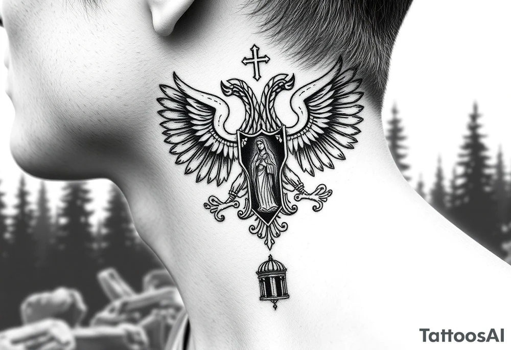 russian coat of arms double headed eagle traditional christian orthodox cross with a virgin mary stood in the entrance of a russian orthodox dome church on the side of the neck in a wilderness setting tattoo idea