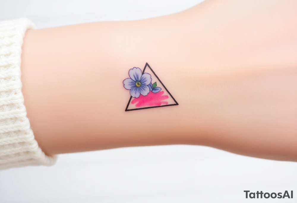 Design a very small (max 2x2 cm) tattoo for the inner wrist that subtly symbolizes lesbian identity. It should be minimal and delicate — possibly fine line or soft color. The design must be discreet yet meaningful, not instantly recognizable as LGBTQ but with layered symbolism, something like the triangle upside down. Think of subtle elements like intertwined female symbols, abstract sapphic references, or a hidden double meaning through nature (e.g. flowers, moons, triangles). Avoid clichés or bold pride imagery. Keep it elegant, wearable, and intimate. Add a daisy and a violet with a upside down triangle. Make the flowers smaller than the pink triangle tattoo idea