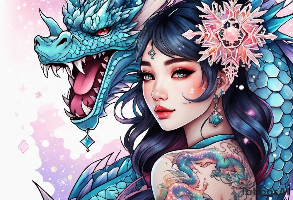 Constellation, kawaii dragon girl , snowflake tattoo idea