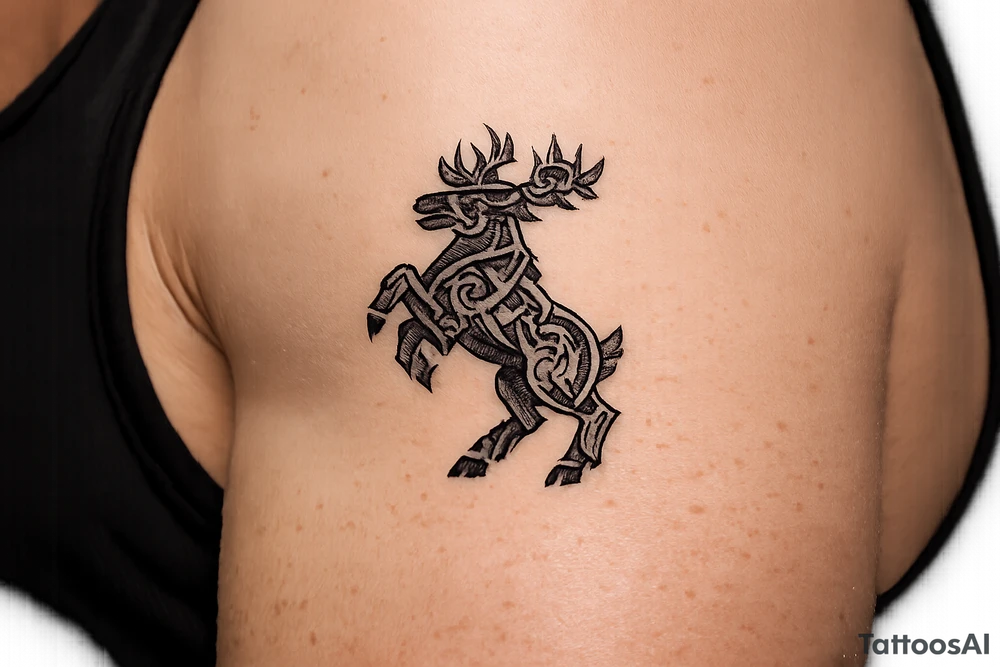 Caribou in Norse knot work open line concept mammen style stipple shading with animal on rear legs just animal no base or background tattoo idea