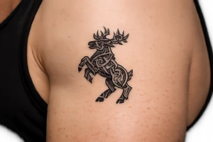 Caribou in Norse knot work open line concept mammen style stipple shading with animal on rear legs just animal no base or background tattoo idea