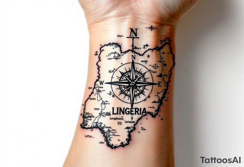 Compass on the hand in the shape of Nigeria with longitude written on the top and latitude written on the bottom. Draw lines from a treasure map connecting from the arm to the tattoo tattoo idea