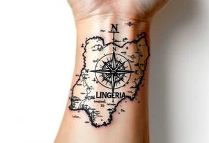 Compass on the hand in the shape of Nigeria with longitude written on the top and latitude written on the bottom. Draw lines from a treasure map connecting from the arm to the tattoo tattoo idea