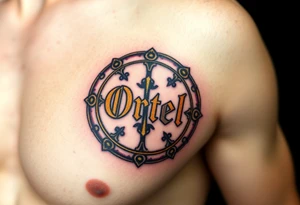 A round medieval shield, engraved with Ortel in battle-worn lettering, in black, gold, and deep crimson tattoo idea