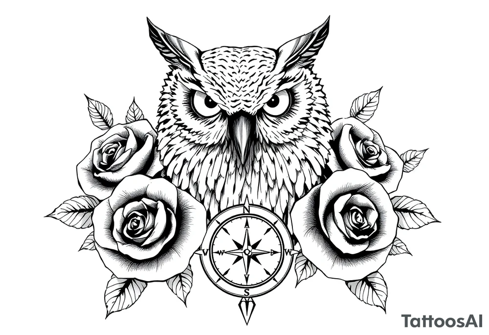 an owl,compass,roses, tattoo idea