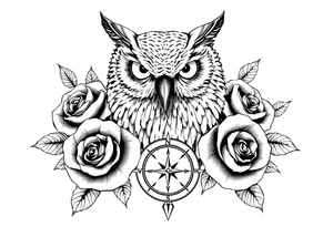 an owl,compass,roses, tattoo idea