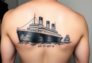 Ship image of Titanic with coordinates 41 43' 57" N 49 56' 49" W for forearm tattoo idea